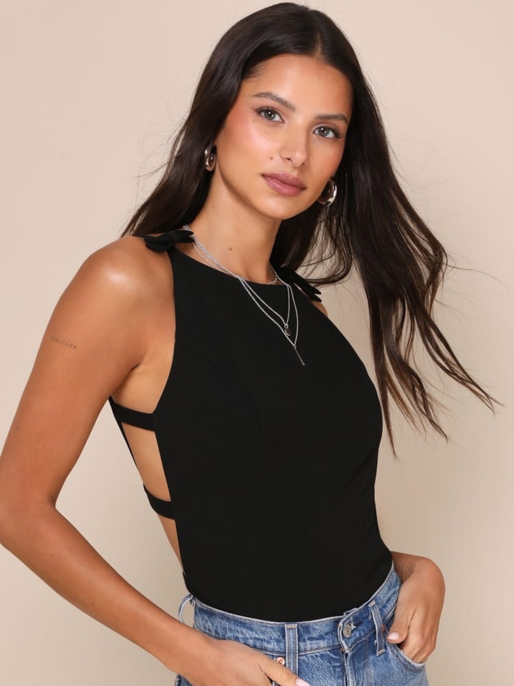 NWT Lulus Stunning Pursuit Black Bow Backless Sleeveless Bodysuit Size XS